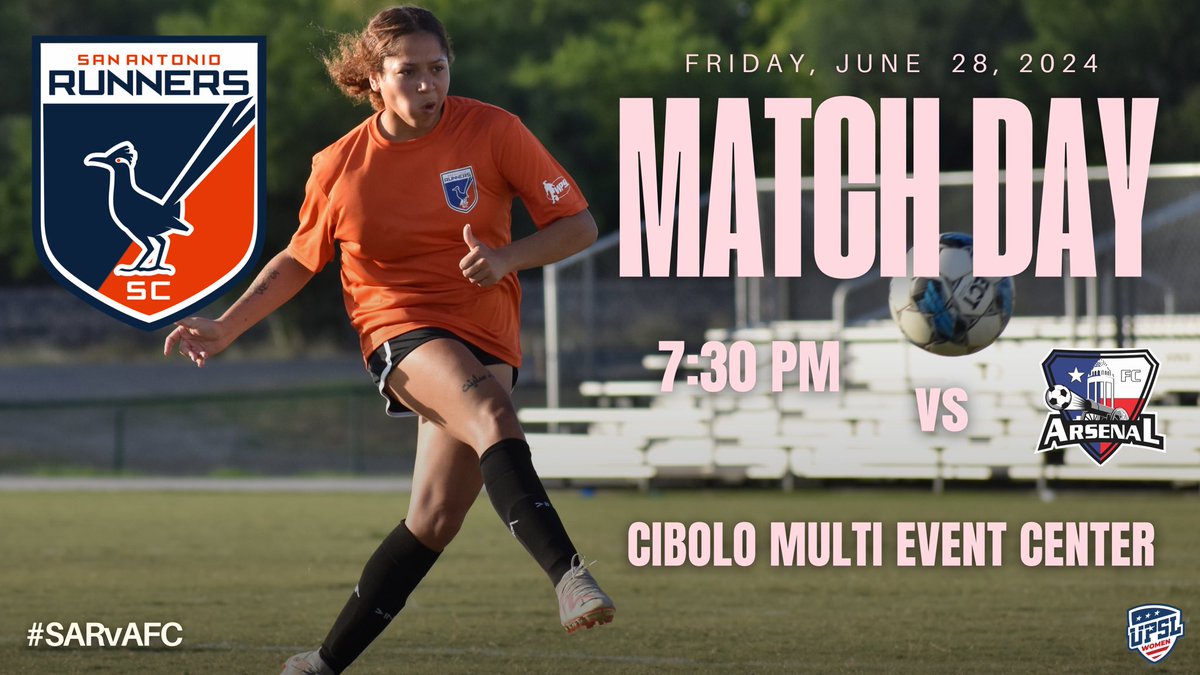 🚨MATCH DAY! <a href="/sarunnerssc/">San Antonio Runners</a> 
🆚 <a href="/graysaarsenal/">graysaclubsoccer</a> 
⏰ 7:30PM CST
📅 Friday June 28, 2024
🏆 <a href="/upslwomen/">UPSL Women</a> @upslwomentexas 
🏟 Cibolo Multi - Event Center
📍210 S Main St
🌎 Cibolo, TX
📺 @youtube 
🎟 $12, $10, $8, $6 
📣 #SARvAFC

#sarunnerssc  #futbolsa  #upslwomen #semipro