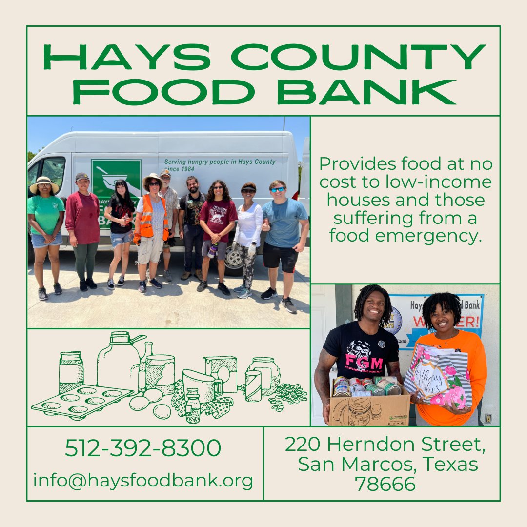 The Hays County food bank offers multiple walk up and drive thru distribution sites across Hays County. They also offer assistance finding resources and nutrition education classes. For more information or to volunteer go to haysfoodbank.org.