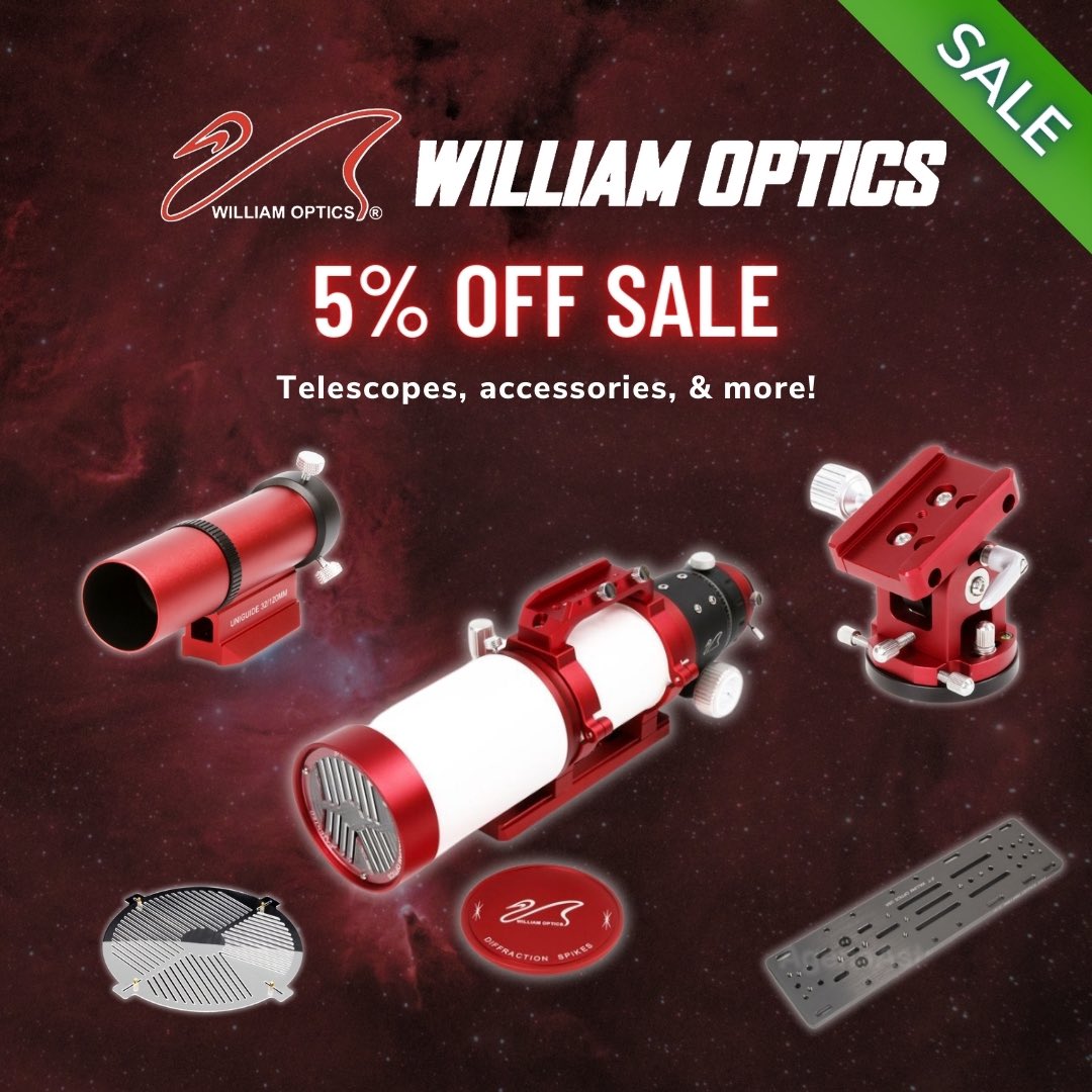 From now through July 4th, you can enjoy savings of 5% off all gear from William Optics!
 
This is the perfect opportunity to get a new telescope for stargazing season, or upgrade your current setup! This sale ends July 4th, 2024 @ 11:59 pm PT: bit.ly/3xAHacI