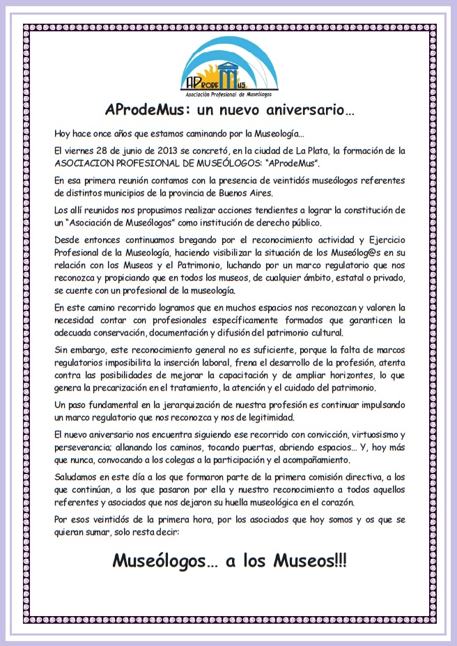 AMuseologos's tweet photo. AProdeMus: aniversario!
El nuevo aniversario nos encuentra caminando... siguiendo el recorrido  con convicción, virtuosismo y perseverancia; allanando caminos,  tocando puertas, abriendo espacios… Hoy más que nunca, convocando a  los colegas al acompañamiento y la participación. https://t.co/G3Q0be3quX