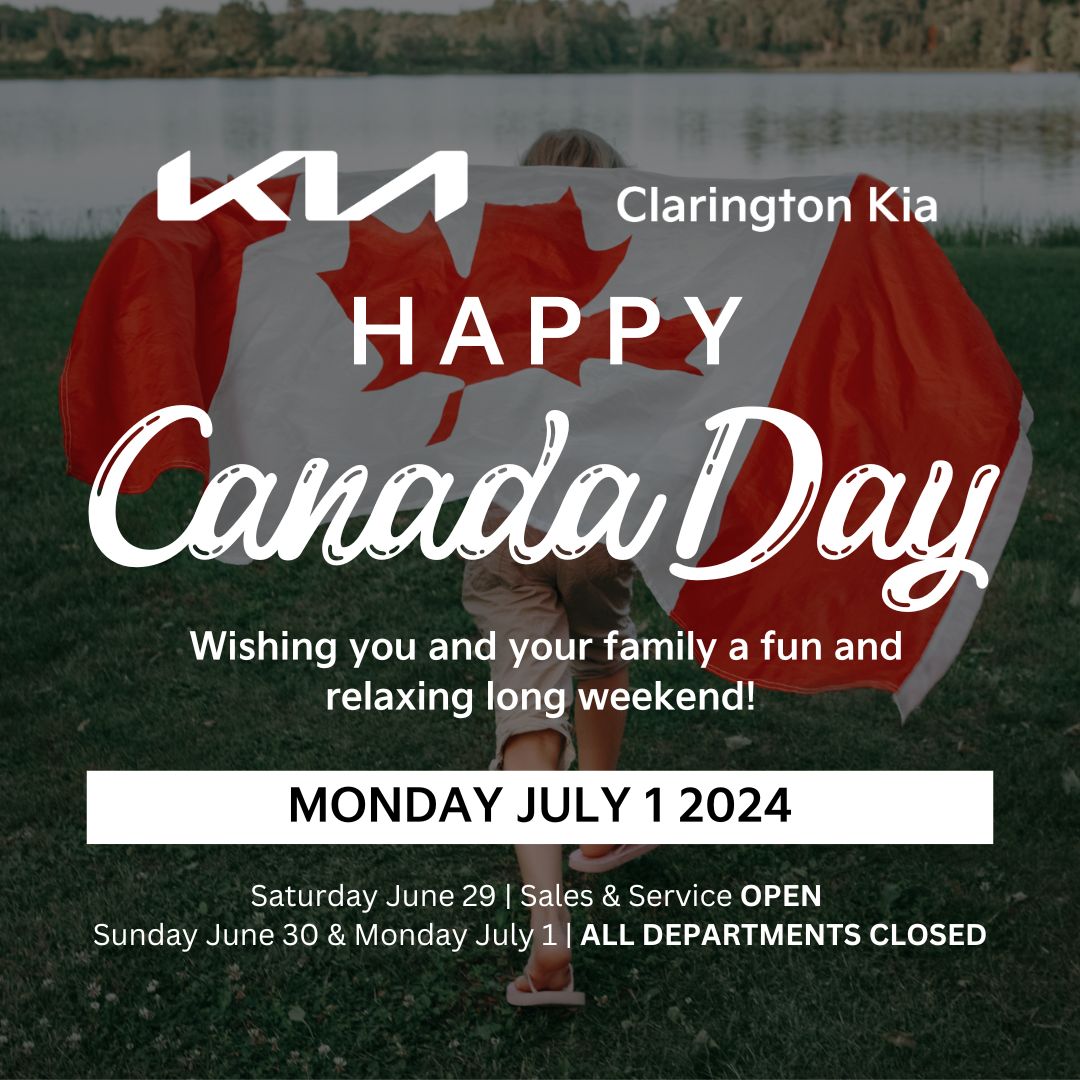 ClaringtonKia's tweet photo. Happy Canada Day from our family to yours! Have a safe and happy long weekend and be sure to check our hours before dropping by the dealership! https://t.co/emjpviCKOX