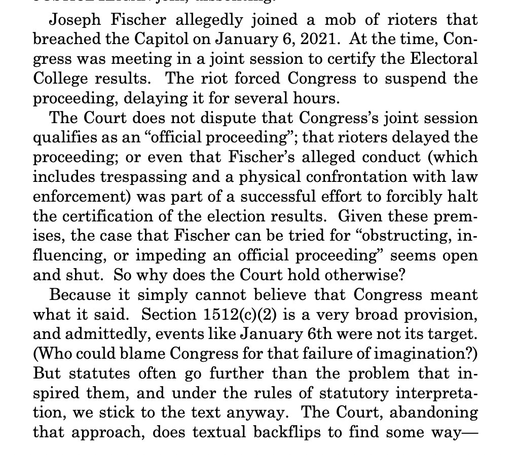 OrinKerr's tweet photo. It's notable, in Fischer, that this is how Trump appointee Amy Coney Barrett begins her dissent. 
https://t.co/eLmoYwXKyA https://t.co/T7KicjtnJD