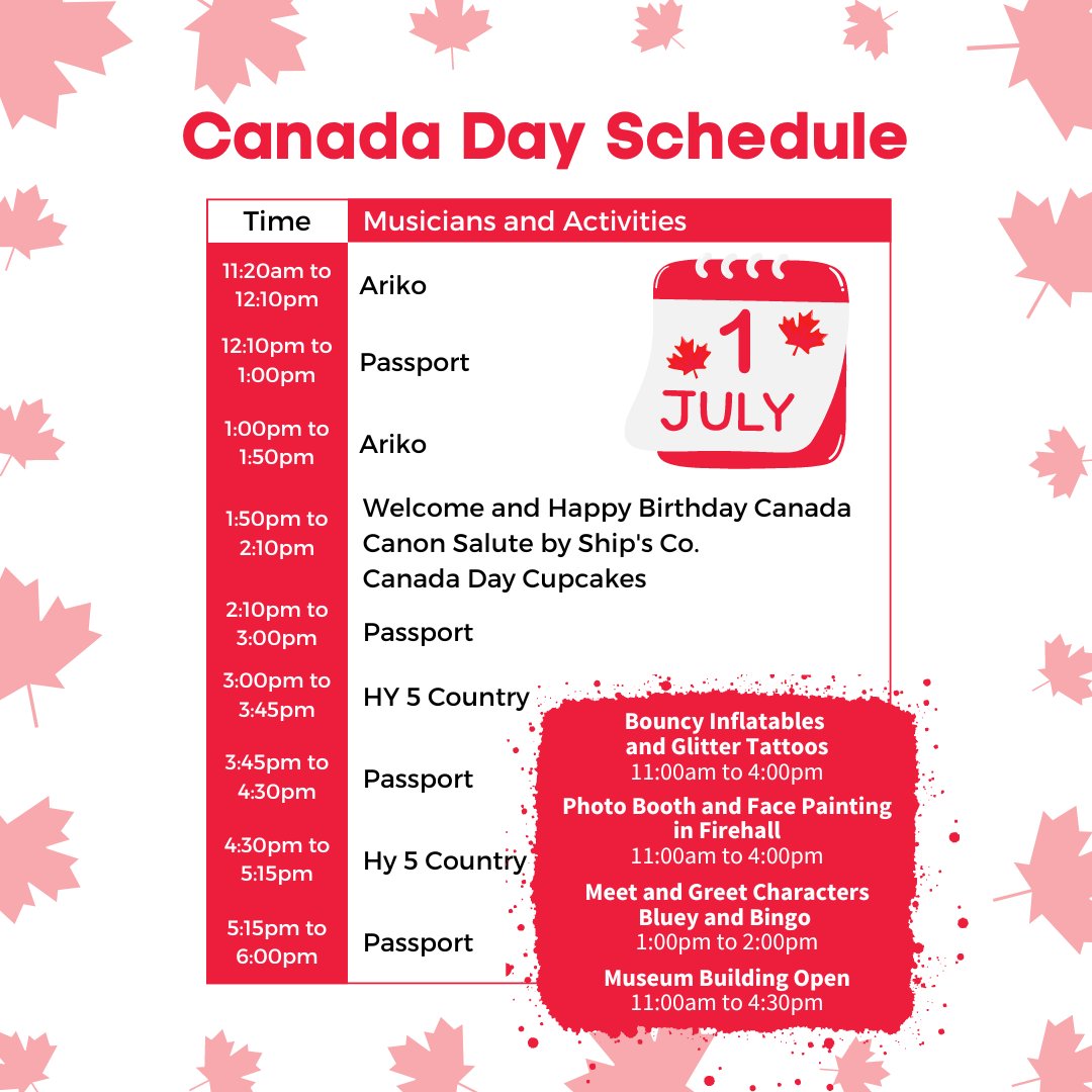 Check out the event schedule for Canada Day! It'll be lots of fun for all ages!