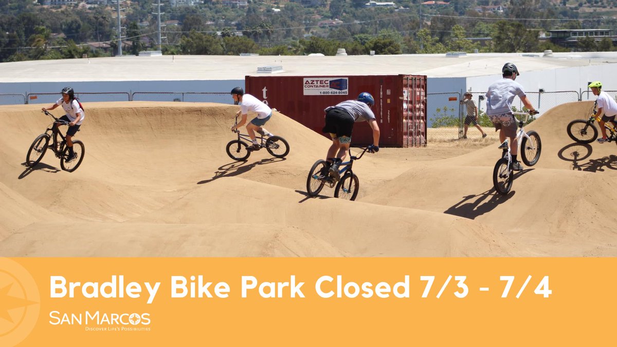 sanmarcoscity's tweet photo. Did you know the Fourth of July fireworks are launched from the new Bradley Bike Park? Please note the bike park will be closed on the 3rd and 4th of July in preparation for the big show🎆 https://t.co/ZeJyW5f555