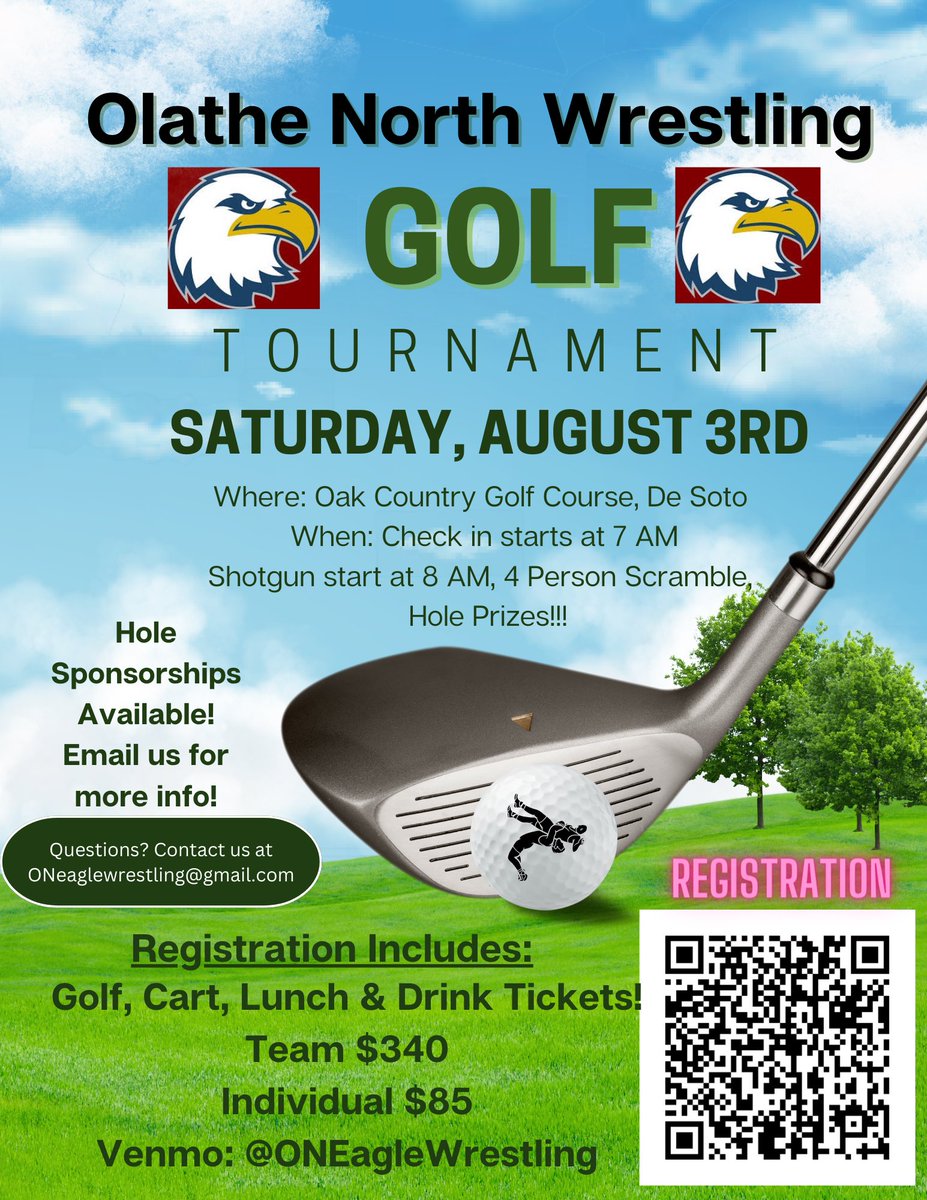 MaryPro74462661's tweet photo. 🚨 Reminder! 🚨 Olathe North Wrestling Golf Scramble sign up closes on July 12th! 🏌️‍♂️⛳️ Don't miss your chance to join the fun! Sign up now! 🎉
Can't make it but want to support? Donate via Venmo
@oneagleswrwstling
#GolfScramble #WrestlingCommunity #golftournament https://t.co/NrJNYApm0w
