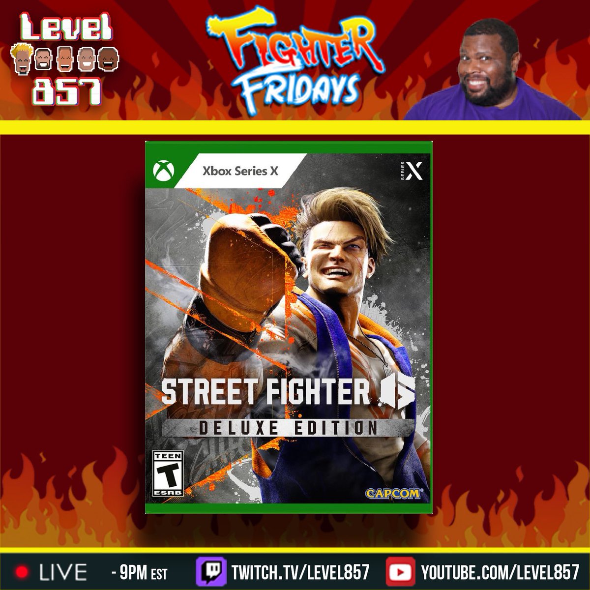 level857's tweet photo. It’s going down tonight! 6/28/24 9pm EST! M. Bison is back in Street Fighter 6 and we’re throwing some psycho hands!!Let’s get it! Come fight with ya boy! Hawktouken! 🤣🤣🤣 #level857 #streetfighter6 #fighterfridays #mbison #streetfighter #sf6 #fighterfriday #capcom #hawktouken https://t.co/z9zQtcNChJ