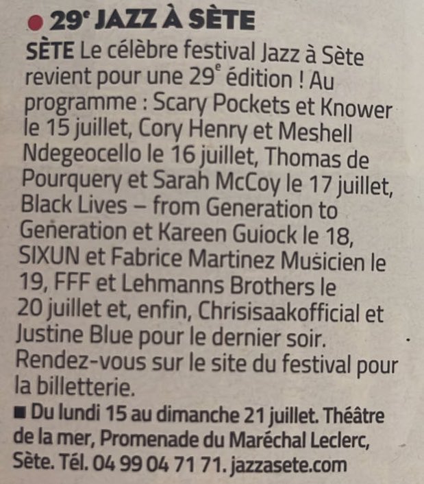 Festival <a href="/JazzASete/">Jazz à Sète</a> le dimanche 21 juillet, ce sera à 21h et ce sera la pleine lune !!  On sera en quintet en première de <a href="/ChrisIsaak/">Chris Isaak</a> 🫠
#soulpower #festival2024 #bluesmusic #singersongwriter #chrisIssak