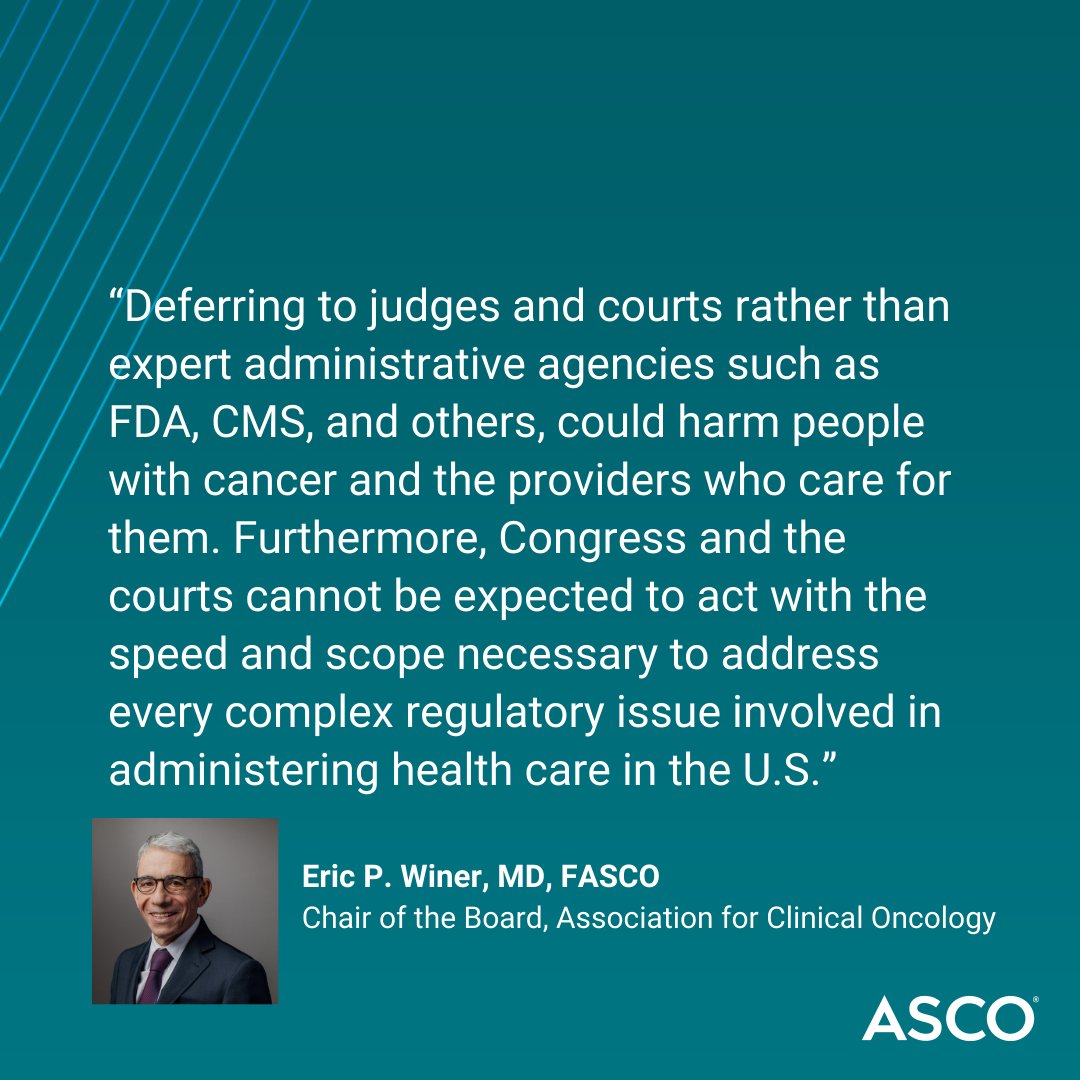ASCO's tweet photo. ASCO has serious concerns that today’s #SCOTUS ruling on the “Chevron doctrine” could unpredictably alter federal agencies’ authority to regulate health care, incl determining the safety of drugs &amp; who’s eligible for public health programs. #ASCOAdvocacy https://t.co/Zn5zCpWiqJ https://t.co/sRoCQdtBeH