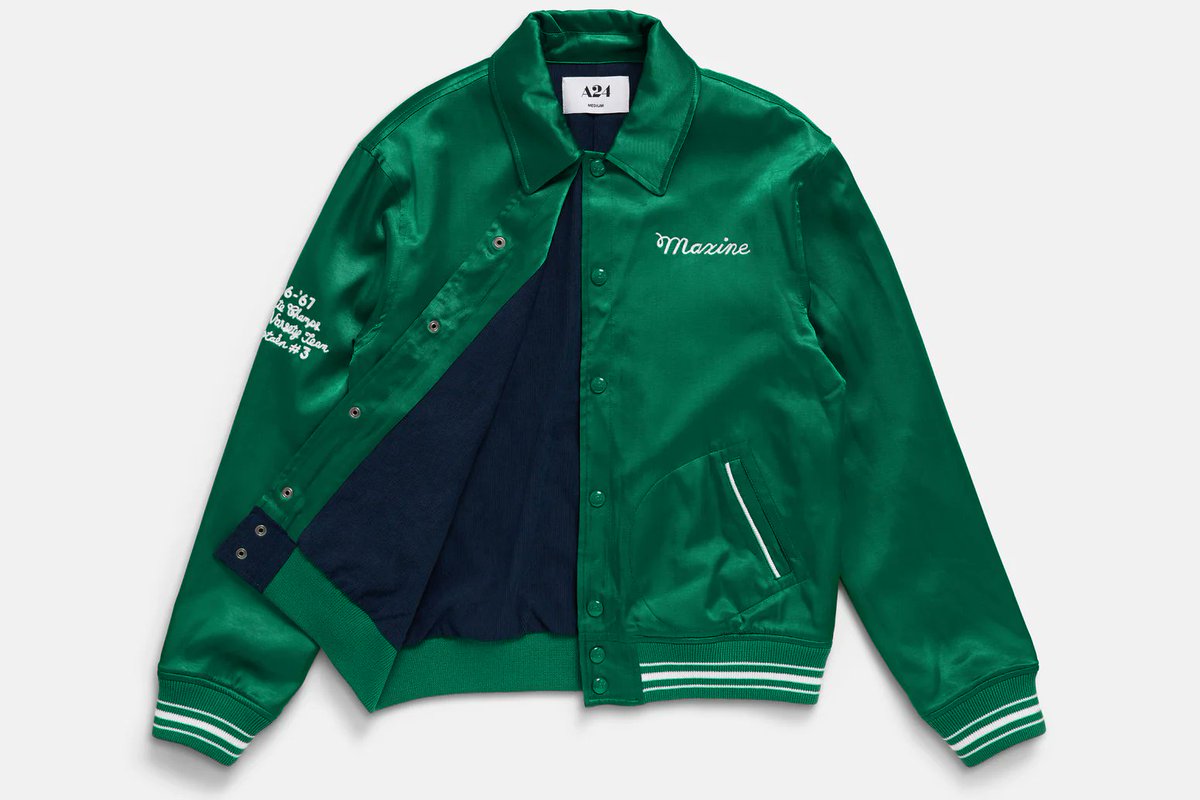BrandAidCo's tweet photo. What are some of your favorite merch items that you have seen recently? 
We'll go first! @A24  just released their Maxxxine Collection which included a bunch of fun products, but in our eyes, the true gem in this collection is the Maxine Minx Varsity Jacket! https://t.co/f6ZBRT8s9e