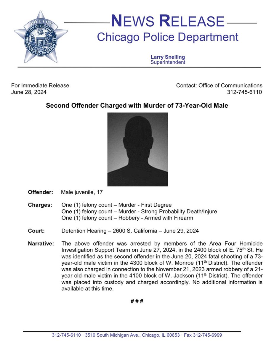 TAhern_'s tweet photo. Second Offender 17, Charged with First Degree Murder of 73-Year-Old Male @ChicagoCAPS11 @Area4Detectives #ChicagoPolice https://t.co/MbcM7qcyLP
