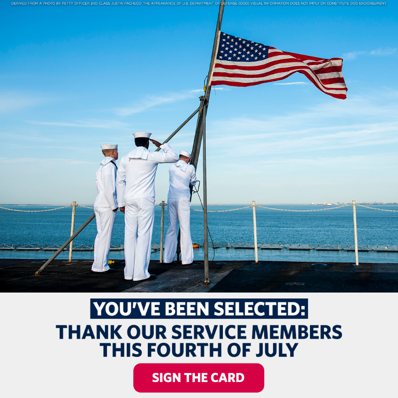 The_USO's tweet photo. Too many Americans forget that the Fourth of July is about more than grilling and fireworks: It’s about honoring our country and the heroes who have sacrificed so much to protect it. Will you help us reach 100K signatures on our Fourth of July thank-you card for our heroes?