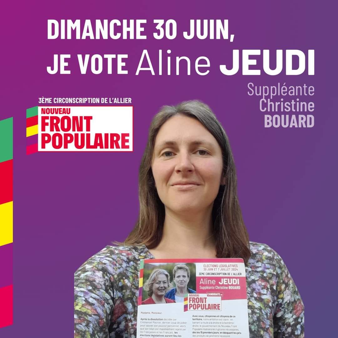 Frontpop0303's tweet photo. 🟣 DIMANCHE, JE VOTE Aline JEUDI ! 🗳️

🗣️ « Je vote POUR le Nouveau Front Populaire, le seul parti qui défend réellement les fermes à taille humaine et/ou biologique : la seule agriculture bonne pour notre santé, notre planète et l'emploi. https://t.co/W56AA8A4zV