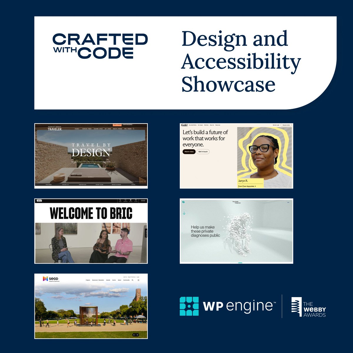 TheWebbyAwards's tweet photo. Crafted with Code is back! We’ve partnered with @wpengine to curate this digital showcase that highlights Webby-recognized sites focused on Design &amp; Accessibility: https://t.co/1OXgBz3S2I

#WPEngine #Webbys #CraftedWithCode #AccessibleDesign https://t.co/3KuUP6p5QR