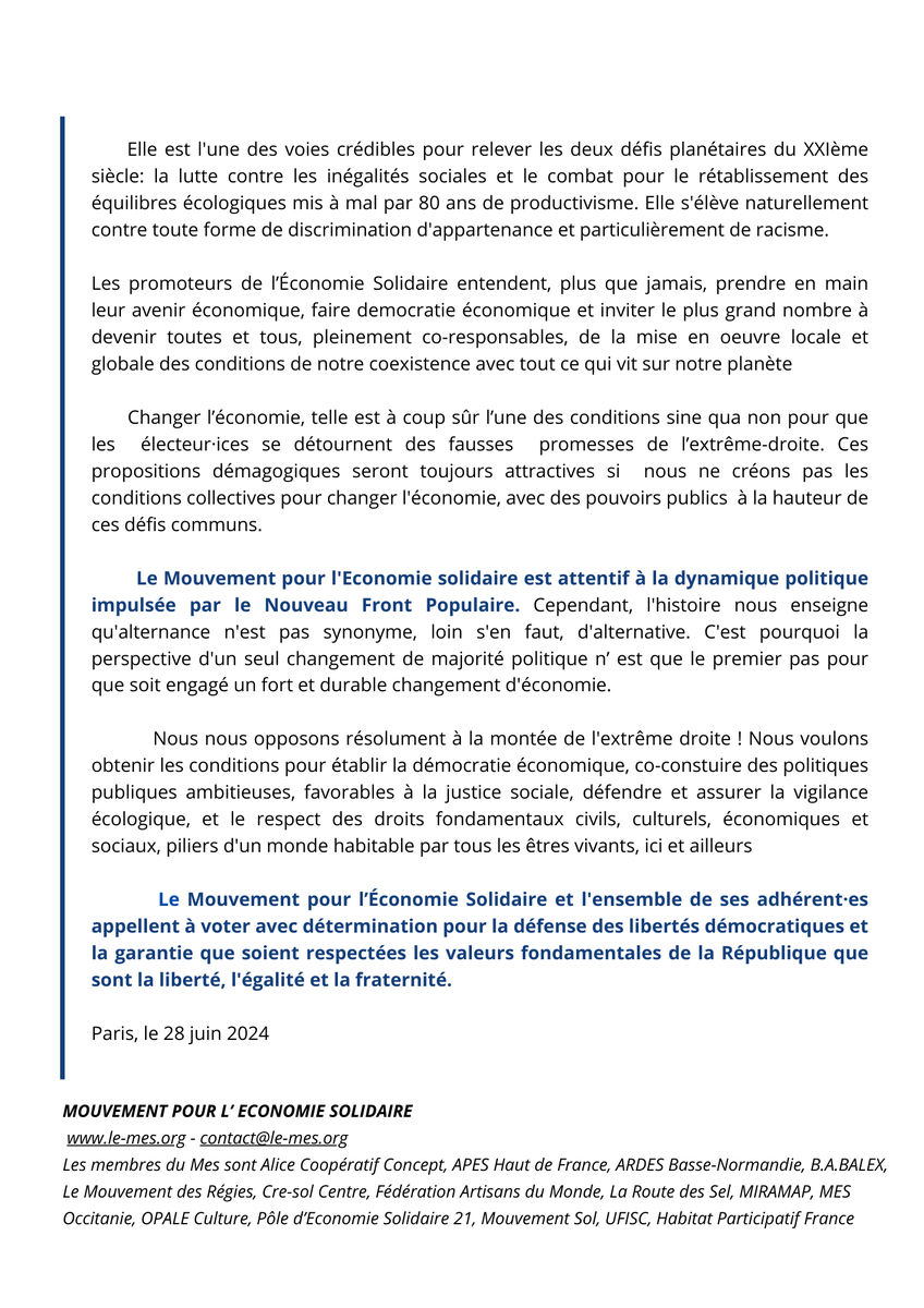 #legislatives2024 Ensemble, faisons reculer le vote d’extrême droite en votant et s'engageant pour un changement d’économie !
Communiqué du Mouvement pour l'économie Solidaire 📢shorturl.re/7e7sf 👉 shorturl.re/7e7sg