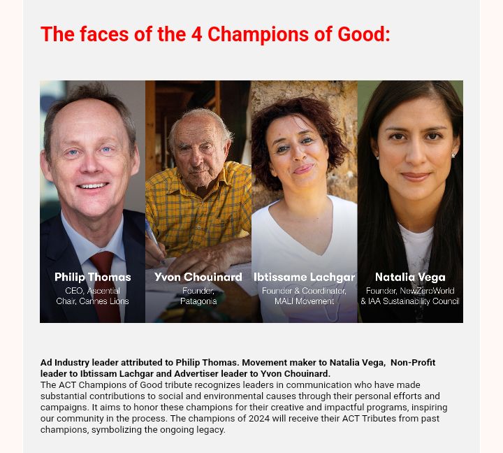 MALImaroc's tweet image. 🎉 CHAMPION OF GOOD -
NGO Category #ActResponsible @Cannes_Lions INTERNATIONAL FESTIVAL OF CREATIVITY
The goal is to acknowledge
personalities who participate in change, to share best practices, to highlight their creative campaigns & actions.
@IbtissameBetty