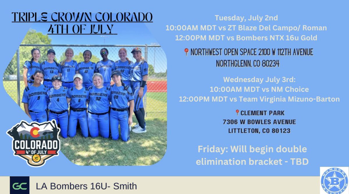 🚨As we are gearing up for the trip to Colorado make sure to follow along for our schedule this next week‼️ 

⬇️Below are dates and times we have currently and we will update as new games are scheduled! 

You can also follow along on our GameChanger at: web.gc.com/teams/Sfwd0Bta…
