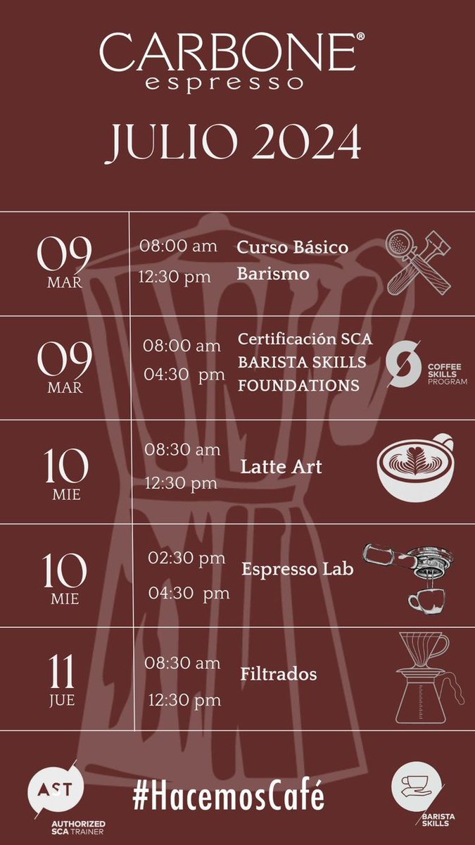 Y tenemos las primeras fechas regulares de julio en la Accademia del Caffé. Recuerden que pueden pasar de lunes de viernes de 9am a 4pm si desean conocer las instalaciones. Inscripciones al 04242939280.