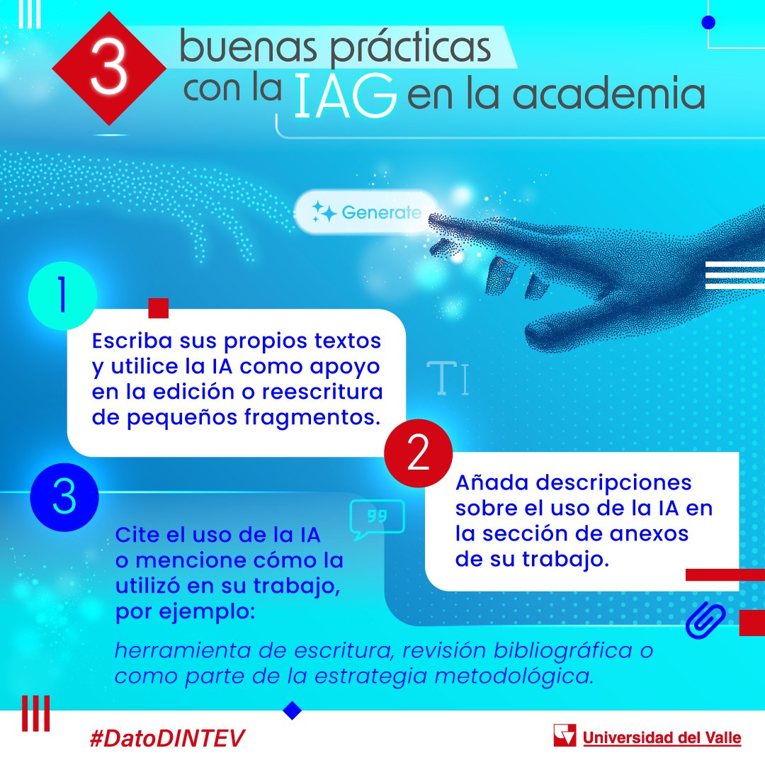 DintevUnivalle's tweet photo. #DatoDINTEV | ¿Cómo usar la #InteligenciaArtificial Generativa en la creación de materiales académicos de forma ética? Compartimos tres recomendaciones para explicitar el uso de la IAG en sus trabajos u obras, como parte del principio de honestidad intelectual. https://t.co/a6vKeipH17