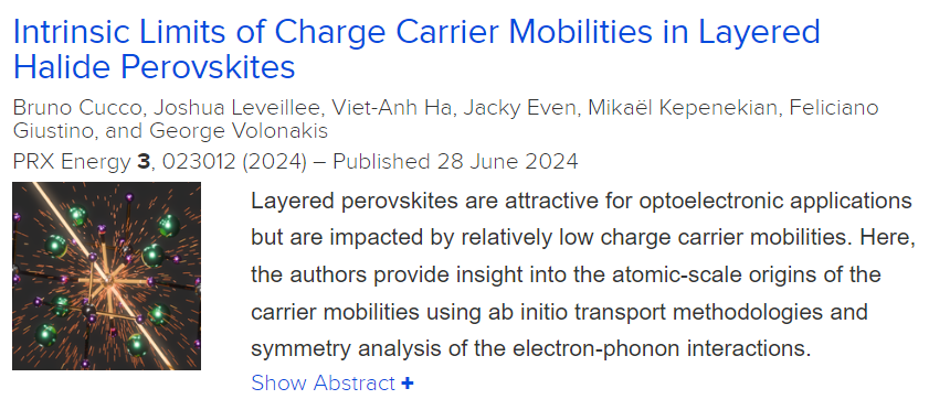 BrunoCucco's tweet photo. I'm happy to share that our most recent article is now out and published in PRX Energy! In this work, we demonstrated an intrinsic limitation of the carrier transport in layered perovskites. Thank you to all the other authors who made this work possible! 
https://t.co/3yeoV4hUNQ https://t.co/FFxX6CKouE