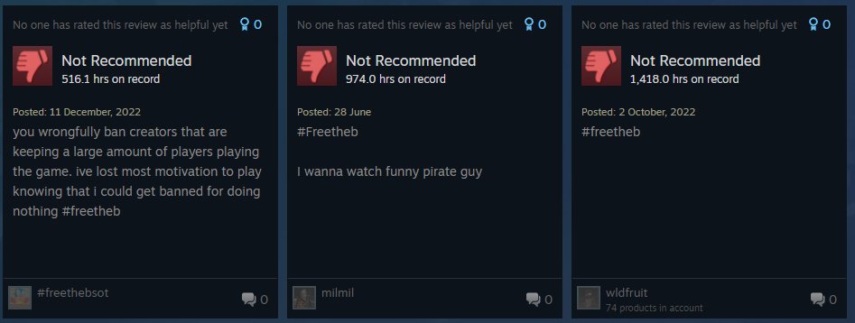 anarack_TF2's tweet photo. a large majority of sea of thieves recent reviews are negative with #freetheb in them https://t.co/4KX32h4VyO
