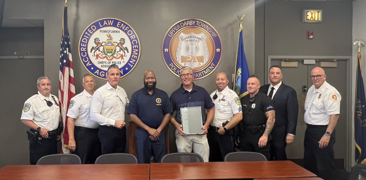 UDPolice's tweet image. Today, Upper Darby Township Mayor Ed Brown, Superintendent Timothy Bernhardt, and members of the Upper Darby Township Police Department had the pleasure of presenting Captain Anthony Vaughn with his retirement plaque in recognition of his 26 years of dedicated service