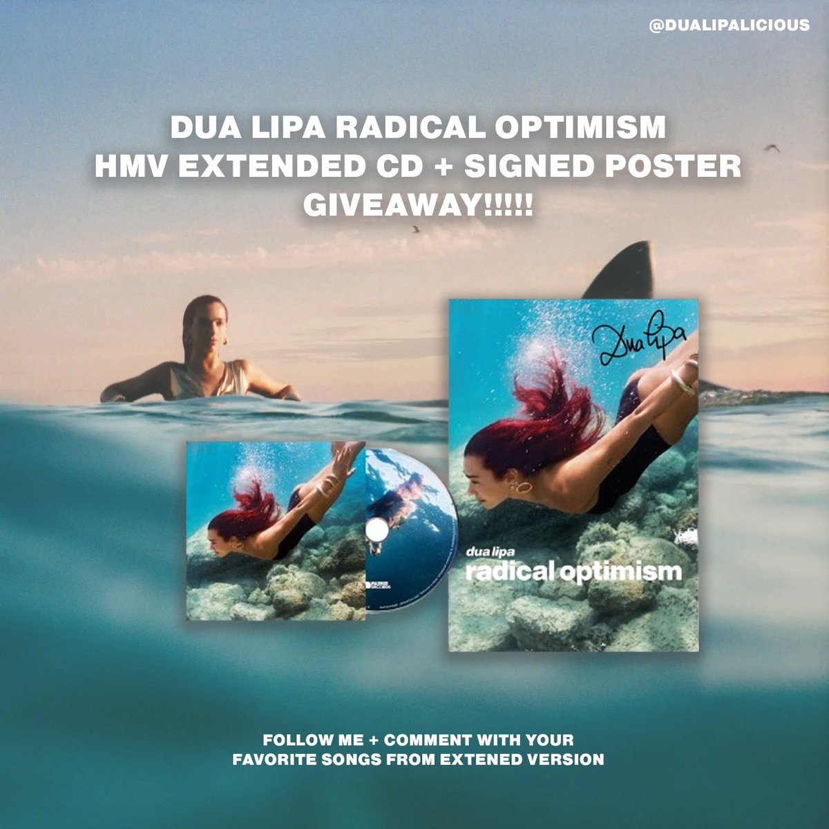 dualipalicious's tweet photo. I’m giving away 2 copies of Dua Lipa’s HMV ‘Radical Optimism’ signed 🌊

1.Follow me @dualipalicious , Tag friends and RT this tweet 🩵
2.Comment with your 3 favorite songs from the Radical Optimism extended version 🎶
3. Winners will be randomly chosen at the end of July. Good luck 🔥

International entries are welcome!

#RadicalOptimism #DuaLipa