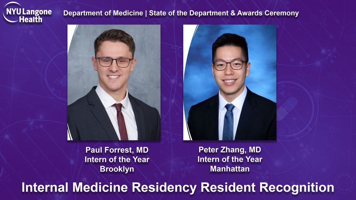NYULH_DeptofMed's tweet photo. Congratulations to our exceptional Intern of the Year awardees! You are on your way to becoming outstanding physicians. You are the future of medicine. #InternRecognition #StateOfTheDepartment #ExcellenceinMedicine #FutureofMedicine #MedTwitter
Paul Forrest, MD – Brooklyn
Peter Zhang, MD – Manhattan