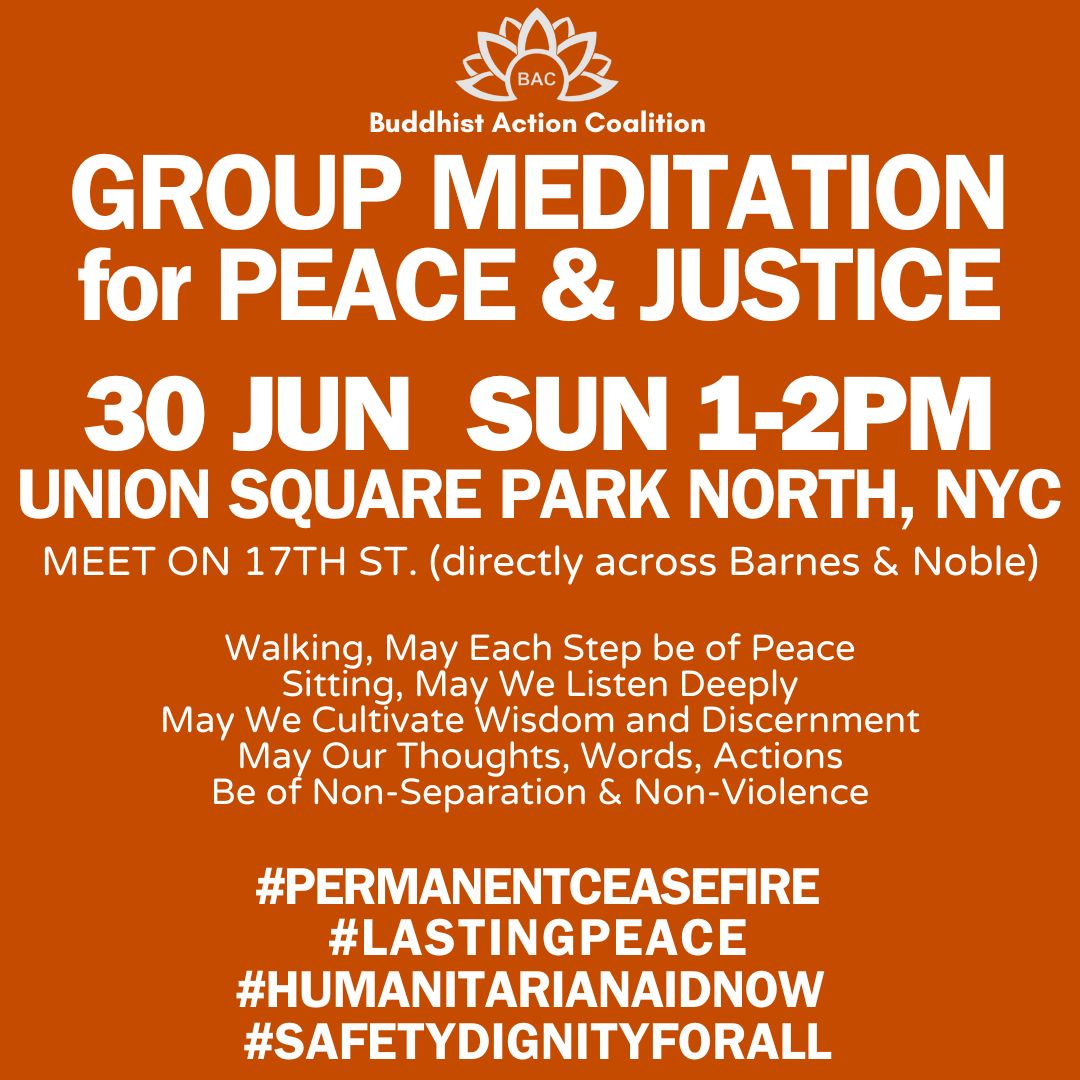 BuddhistsAct's tweet photo. This Sunday. Monthly meditation and practice in the streets. Rain or shine. (Thunderstorm will cancel. Otherwise, we are on. We'll make the call at 11AM Sunday. Pls. stay tuned here.) https://t.co/XNfi7rQZgf