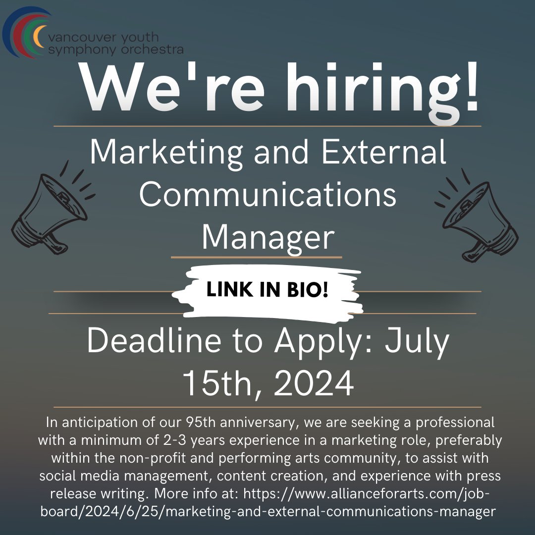 We're hiring!! It's going to be our 95th birthday and we're excited to announce a new position to help hype up our year! Interested? Check out the link in our bio! 🔥🎵 #vyso #music #youthorchestra #musiceducation #youthsymphony #marketing