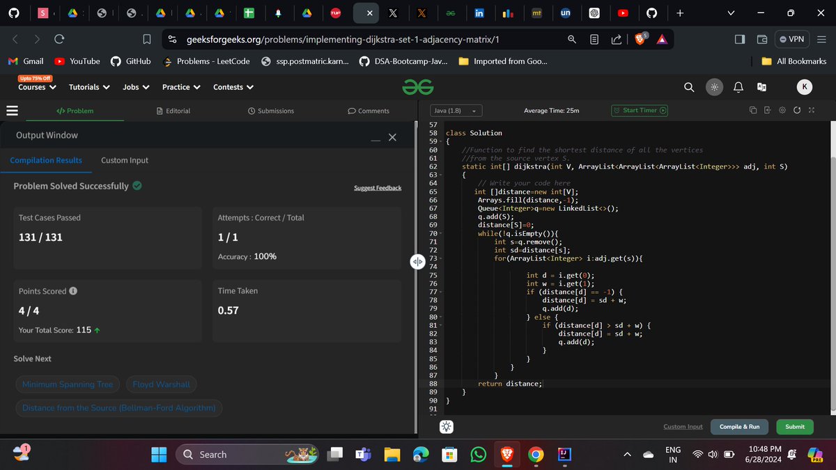 KIRAN_RAJ__58's tweet image. Days 137 & 138 of #100DaysOfCode: 🚀✨
Dived deep into Directed Acyclic Graphs (DAGs):
Solved Shortest Path in a DAG
Mastered Dijkstra's Algorithm through topological sorting
#CodingJourney #GraphAlgorithms #CodeNewbie