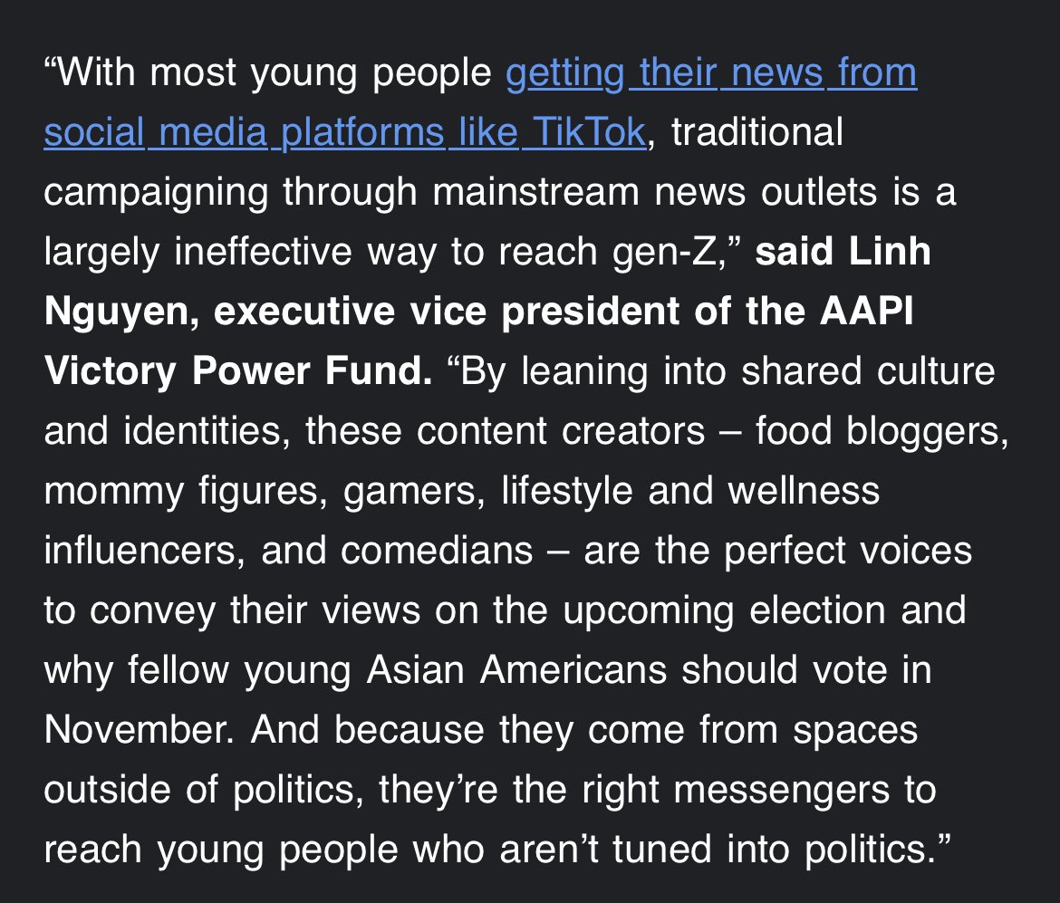 Kevin Liao (@kevinliao_) on Twitter photo Why engage digital creators? Because they have fluency to speak to young, often politically disengaged people. More from <a href="/l4nguyen/">Linh Nguyen</a>: Why engage digital creators? Because they have fluency to speak to young, often politically disengaged people. More from <a href="/l4nguyen/">Linh Nguyen</a>: