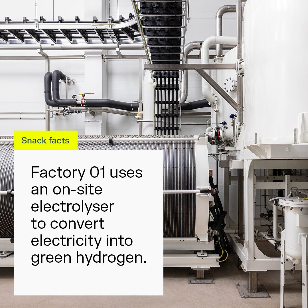 Solar_Foods's tweet photo. Did you know? Electrolysis technology uses electricity to split water into oxygen &amp; hydrogen – converting electricity "from wires into gases”. #Factory01 has an on-site electrolyser to produce green hydrogen, one of the key ingredients in the production of #Solein. https://t.co/FRYRP4LGoB