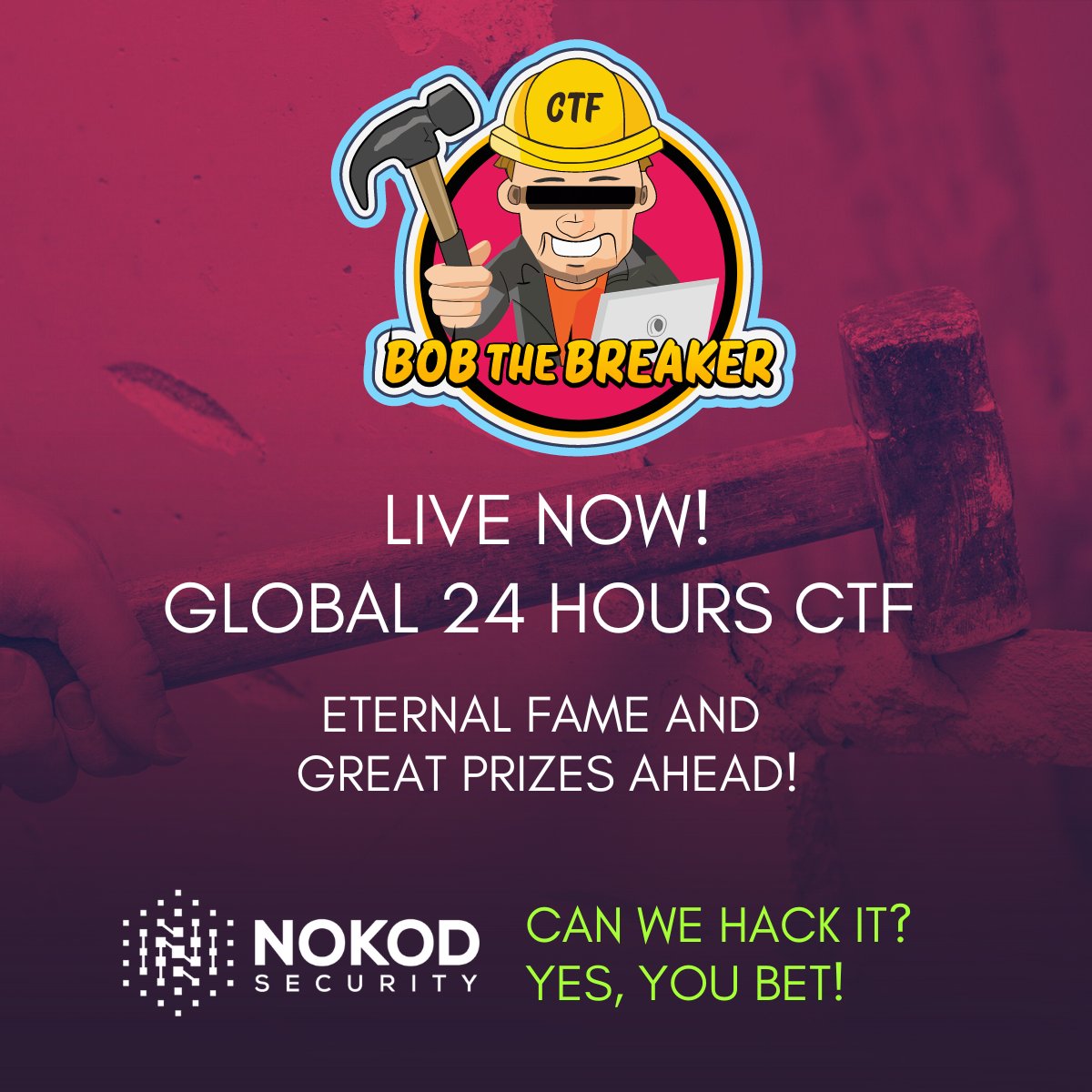 NokodSecurity's tweet photo. #CTF NOW!  The Bob the Breaker CTF is now live!
Secure your spot in the ultimate low-code/no-code hacker showdown, and get ready to unleash your inner #hackers/#breakers!  
CTF starts at 1 PM EST and stays open for 24 hours.  More details here: https://t.co/PM6F1Au8yk https://t.co/TTK9BRHcBv