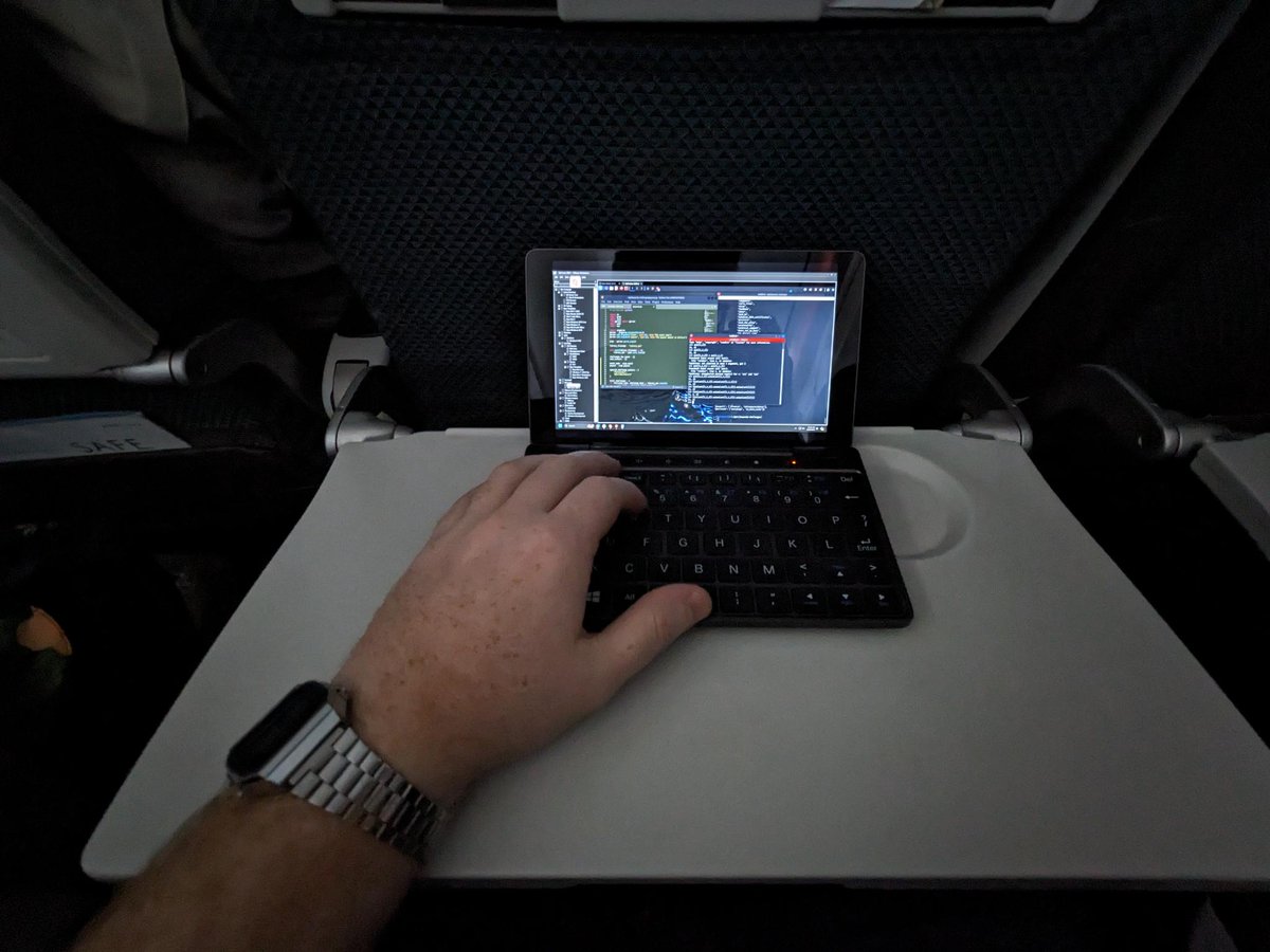 _JohnHammond's tweet image. I&apos;m on a 6-hour flight with Starlink, and I am using my GPD Pocket tiny laptop, to Parsec home to my desktop and access all my virtual machines and home lab server. Honestly I just think it is funny. 😂