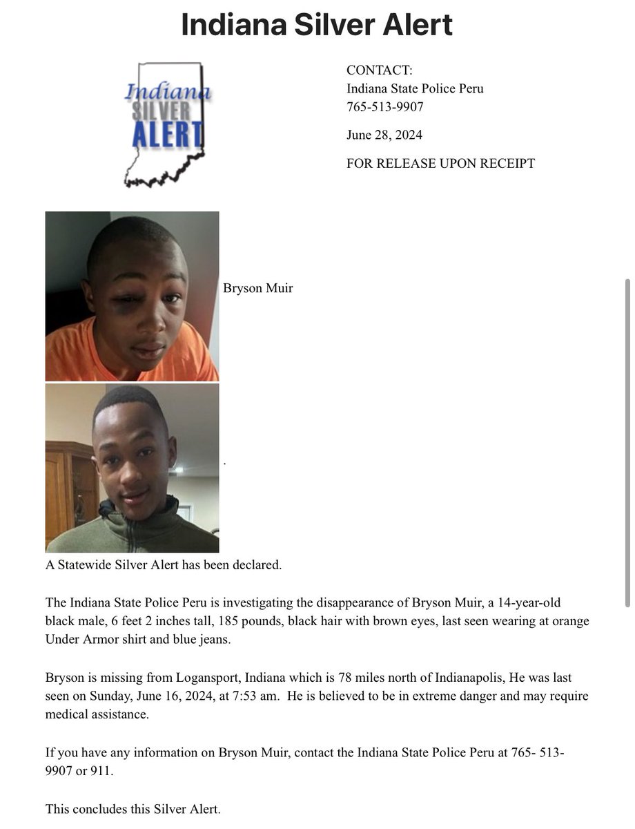 BREAKING: State Police say an agreement was made today for the Muir family to bring missing 14 y/o Bryson Muir to the Peru ISP Post at Noon but the family backed out at 11 a.m. 

A Silver Alert has now been issued. “He is believed to be in extreme danger.”
<a href="/FOX59/">FOX59 News</a> <a href="/CBS4Indy/">CBS4 Indy</a>
