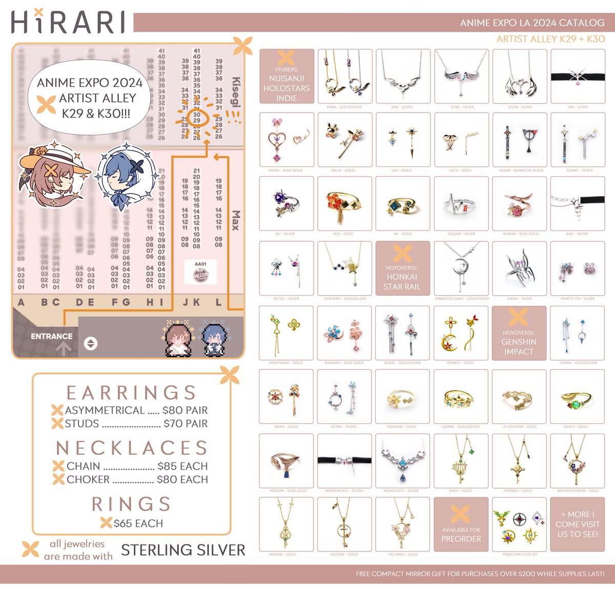 illycia's tweet photo. Here is the jewelry catalog for @HirariShop for #AnimeExpo2024 ✨
We will be at artist alley tables K29 &amp; K30!

There will be some more items not listed as well, please come visit!✨
✨Please right click to view larger image✨

#AX2024ArtistAlley #AXArtistAlley2024 #AX2024 https://t.co/XE9TL2MQt3