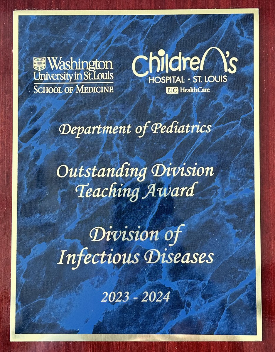 We are grateful to receive the 2024 Outstanding Division Teaching Award from the residents at @WashUPeds! Our team greatly enjoys engaging the residents and students on our consult services, ASP team, and in many other arenas!