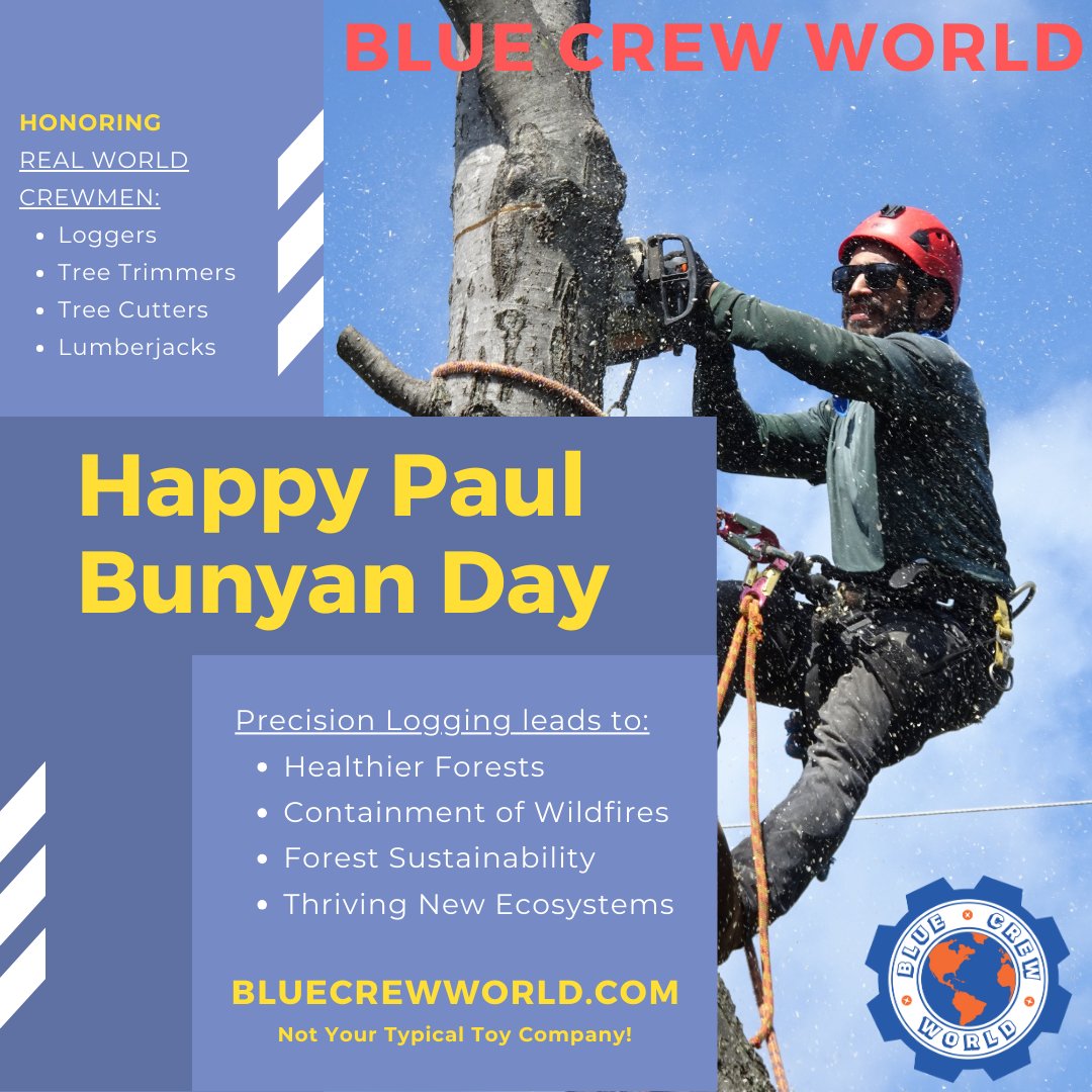 BlueCrewWorld's tweet photo. Happy Paul Bunyan Day to all the Real World CrewMen in the timber, logging, forestry, tree cutting, tree trimming, wildfire remediation, and replant industries/organizations! @bluecrewworld #bluecrewworld #bluecollar #logging #logger #paulbunyan #wildfirecleanup #treetrimming #treecutting https://t.co/xTiILdaRGC Not Your Typical Toy Company!
