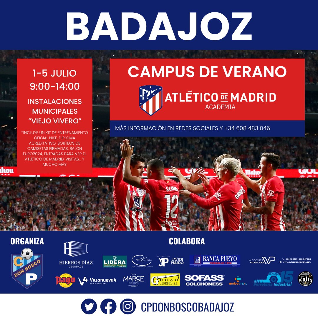 ⚽️𝑪𝑨𝑴𝑷𝑼𝑺 𝑨𝑪𝑨𝑫𝑬𝑴𝑰𝑨 𝑨𝑻𝑳𝑬𝑻𝑰𝑪𝑶 𝑫𝑬 𝑴𝑨𝑫𝑹𝑰𝑫⚽️

👌El lunes dará comienzo el I Campus Academia Atlético de Madrid de la mano del CP Don Bosco.

🤩Gracias a todos los patrocinadores por hacer posible este tipo de eventos.