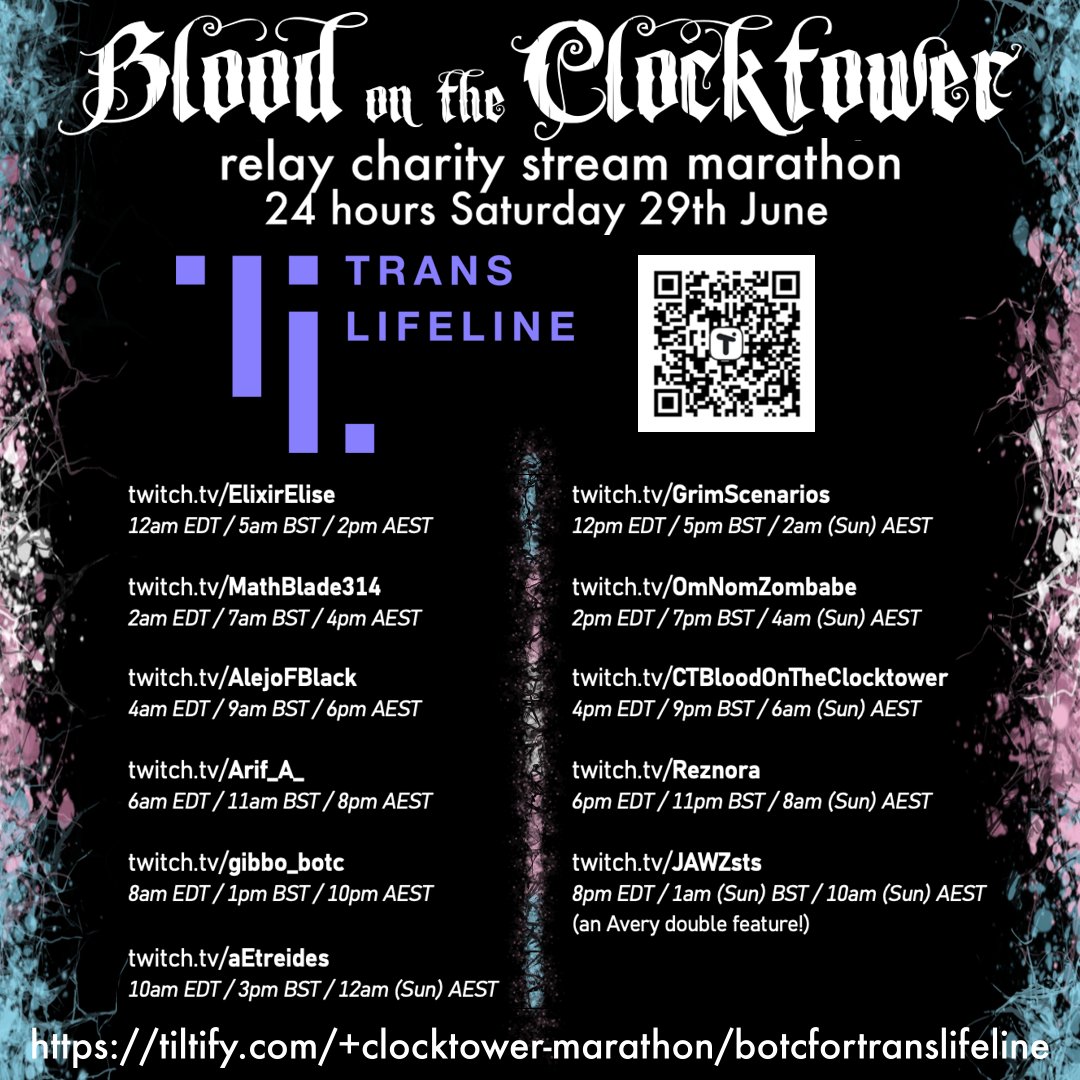 OmNomZombabe's tweet photo. 24hrs of Blood on the Clocktower starts at 12AM EDT tomorrow! Join us while we raise money for Trans LifeLine!

I've included my incentives for my block of time, see you babes tomorrow.

#bloodontheclocktower #BOTC #translifeline #charity #twitch #socialdeduction https://t.co/yFWT06nH5b