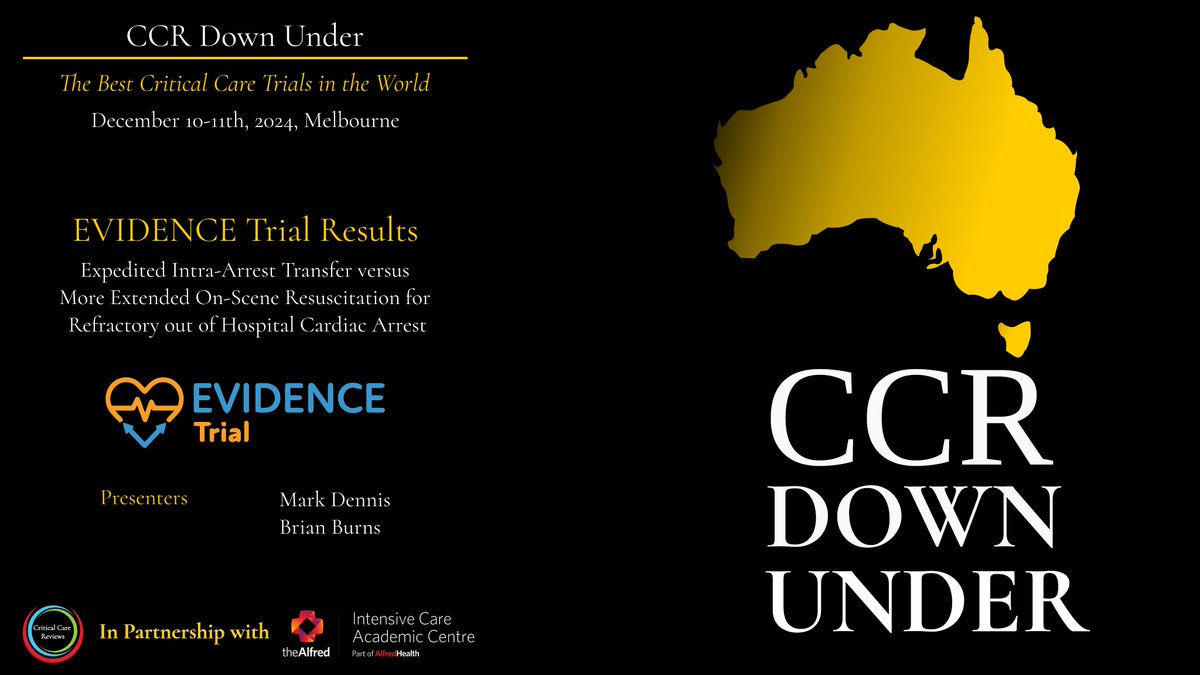 Critical Care Reviews (@critcarereviews) on Twitter photo The second major trial results presentation at #CCRdownunder is the <a href="/evidence_trial/">EVIDENCE Trial</a>
Expedited intra-arrest transfer versus more extended on-scene resuscitation for refractory out of hospital cardiac arrest
Presenters: <a href="/HawkmoonHEMS/">Brian Burns</a> & Mark Dennis
criticalcarereviews.com/meetings/ccr-d… The second major trial results presentation at #CCRdownunder is the <a href="/evidence_trial/">EVIDENCE Trial</a>
Expedited intra-arrest transfer versus more extended on-scene resuscitation for refractory out of hospital cardiac arrest
Presenters: <a href="/HawkmoonHEMS/">Brian Burns</a> & Mark Dennis
criticalcarereviews.com/meetings/ccr-d…