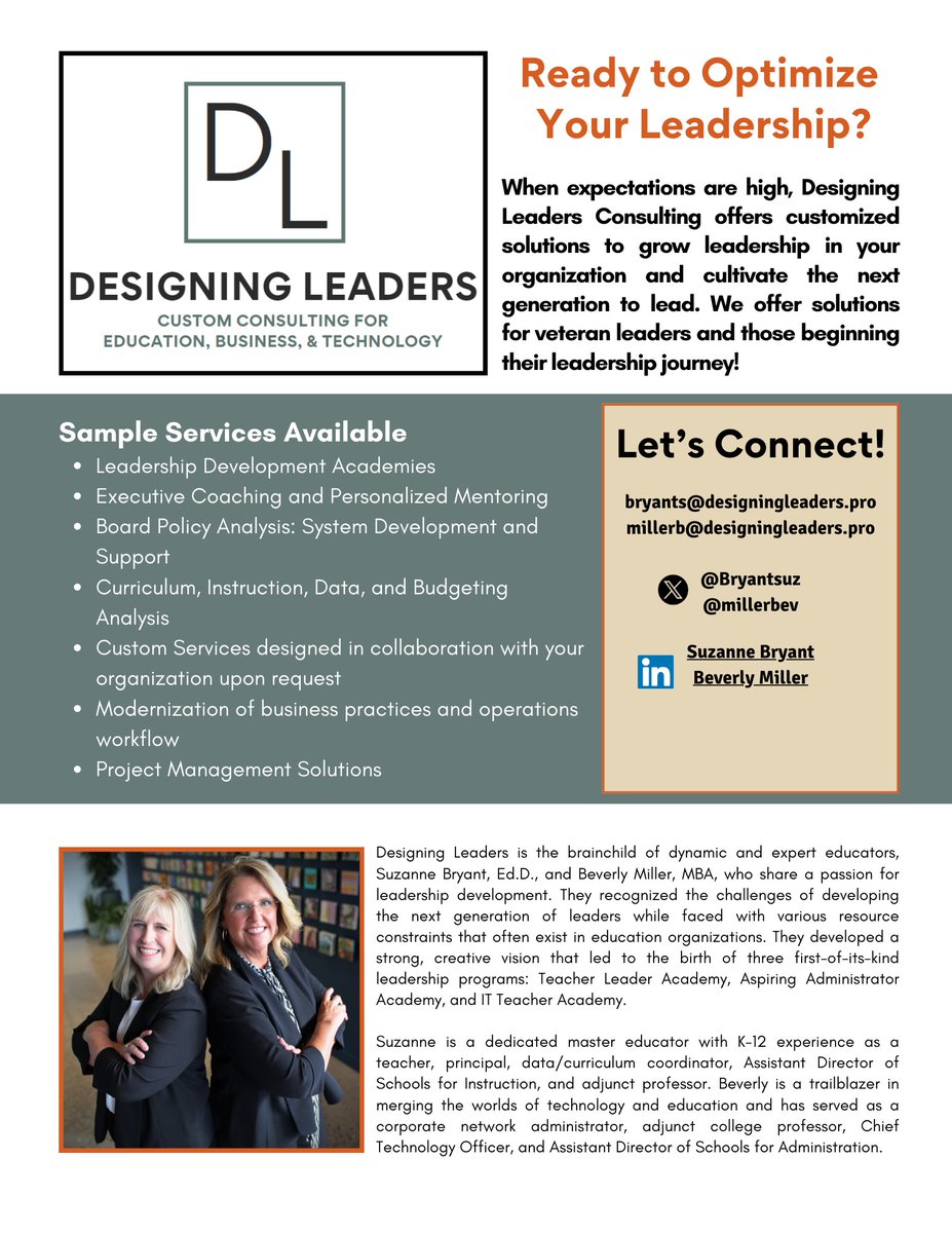 Beverly Miller (@millerbev) on Twitter photo Announcing . . .a dream come true! Today, we retire from public education and launch a new partnership venture. Designing Leaders Consulting would be honored to serve your organization! No one will work harder for you! <a href="/Bryantsuz/">Dr. Suzanne Bryant</a> Announcing . . .a dream come true! Today, we retire from public education and launch a new partnership venture. Designing Leaders Consulting would be honored to serve your organization! No one will work harder for you! <a href="/Bryantsuz/">Dr. Suzanne Bryant</a>