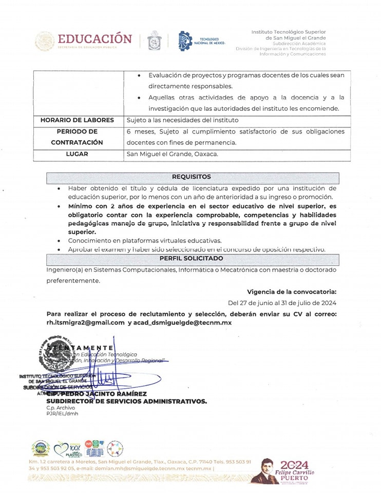 El Tecnológico Nacional de México - San Miguel el Grande, convoca a los profesionistas interesados en participar en la convocatoria de Personal Docente de Profesor Asignatura “A” por contrato de tiempo determinado.

#TodosSomosTecNM
#ComunidadTecNMITSMIGRA
#TecNMSanMiguelelGrande