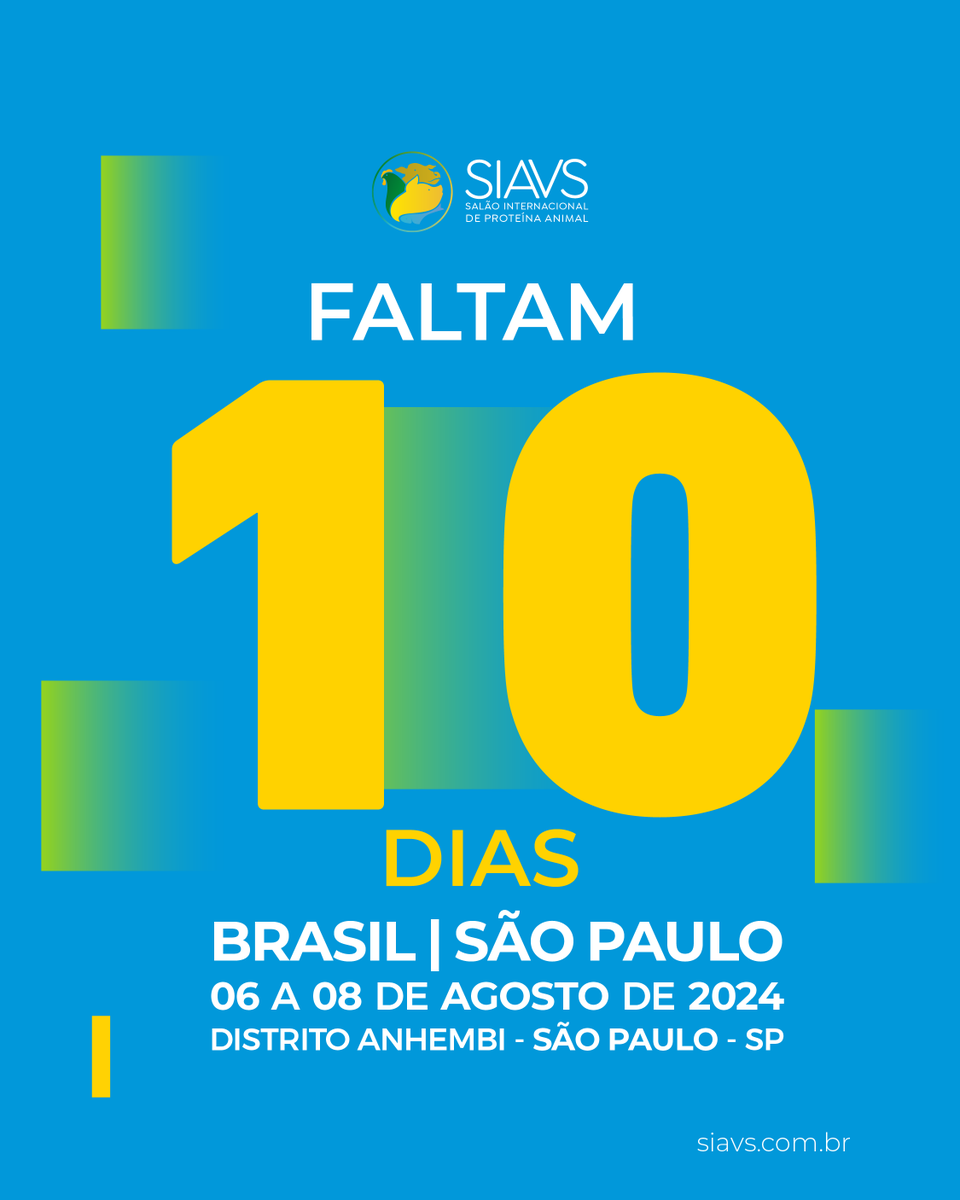 Faltam apenas 10 dias para o maior evento das cadeias produtivas de aves, suínos, bovinos e peixes de cultivo reunidas em um único grande evento. 
Participe da FEIRA &amp; CONGRESSO entre os dias 06 a 08 de agosto de 2024, no Distrito Anhembi, em São Paulo (SP).