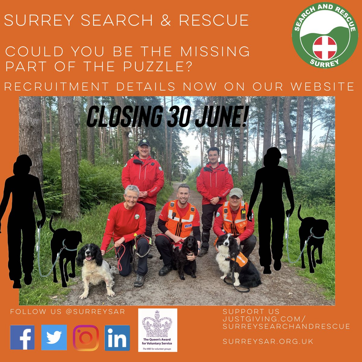 SurreySAR's tweet image. RECRUITMENT CLOSING 30th JUNE - this is your last opportunity to be part of something bigger, supporting @surreypolice, @surreyfrs and the people of Surrey UK 🧡