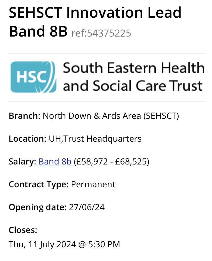 Fabulous opportunity to lead innovation <a href="/setrust/">South Eastern Trust</a> - come join us for a permanent part time post. #possibility <a href="/SETInnovation/">Quality@SET</a> 

jobs.hscni.net/Job/35662/sehs…

<a href="/HSCQI/">@HSCQI</a> <a href="/hiranihealth/">HIRANI</a> <a href="/HSCgoesdigital/">Digital Health & Care Northern Ireland</a> <a href="/theQCommunity/">The Q community</a> <a href="/annlquinn/">Ann Quinn</a>