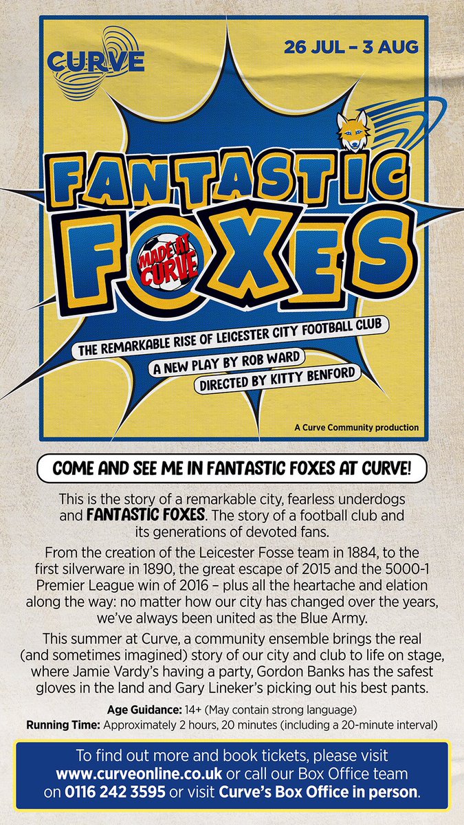 🦊 FANTASTIC FOXES AT CURVE 🦊

Chances are if you’ve spoken to me recently, you know all about the crazy #MadeatCurve show I’m directing with 40 actors!! 

Well, we open 4 weeks today. 
 #FANTASTICFOXES #CurveTheatre #LeicesterCity #LeicesterCityFC
