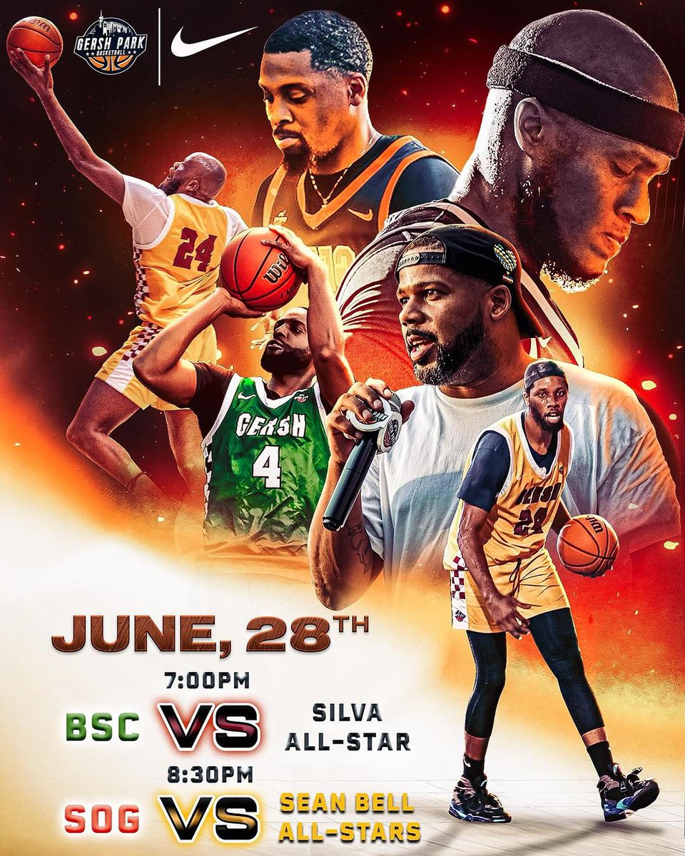 THE WAIT IS OVER!!! It’s finally opening night for our men’s pro division. 

📍Gersh Park 
630 Stanley Ave. 
Brooklyn, NY 11207

7PM - BSC vs. Silva All-Stars 
8:30PM - Sean Bell All-Stars vs. SOG 

#gershpark #ingershwetrust #nike #streetball #nyc #hoops #bk #madisonsquaregersh