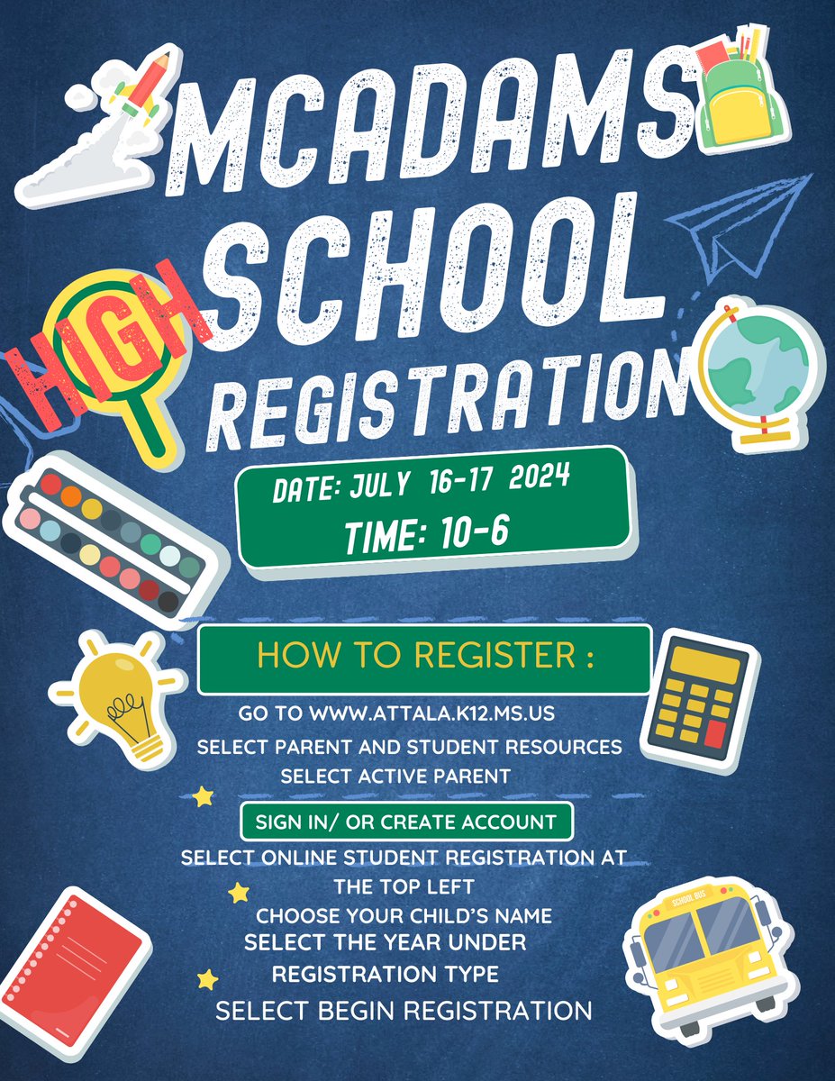 The 2024-2025 school year is approaching quickly, and registration is now open! 

Follow the instructions below, or visit McAdams High School on July 16-17, 2024, for in-person assistance.

If you have any questions, please call our office at 662-289-3838. 

We are here to help!