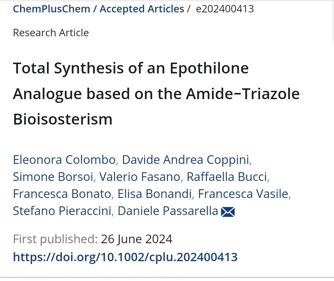 Simone Borsoi (@borsoisimone) on Twitter photo Our synthesis of an Epothilone analogue embedding a triazole unit as bioisosteric replacement of an amide moiety is out now on <a href="/ChemPlusChem/">ChemPlusChem</a>.
Thanks to everyone involved🎉⚗️🧪
doi.org/10.1002/cplu.2… Our synthesis of an Epothilone analogue embedding a triazole unit as bioisosteric replacement of an amide moiety is out now on <a href="/ChemPlusChem/">ChemPlusChem</a>.
Thanks to everyone involved🎉⚗️🧪
doi.org/10.1002/cplu.2…